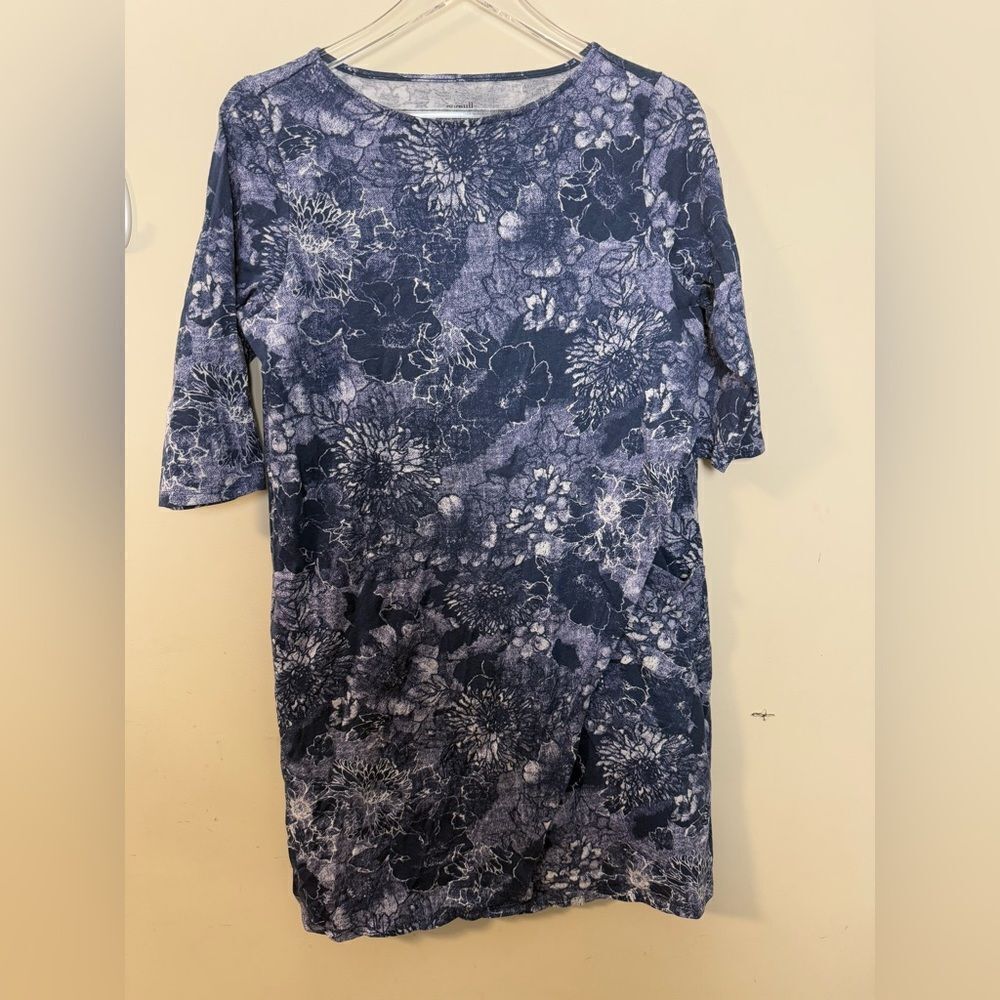 J Jill Pure Jill Wrap Style Dress Medium Blue Floral 3/4 Sleeve Pockets Modal